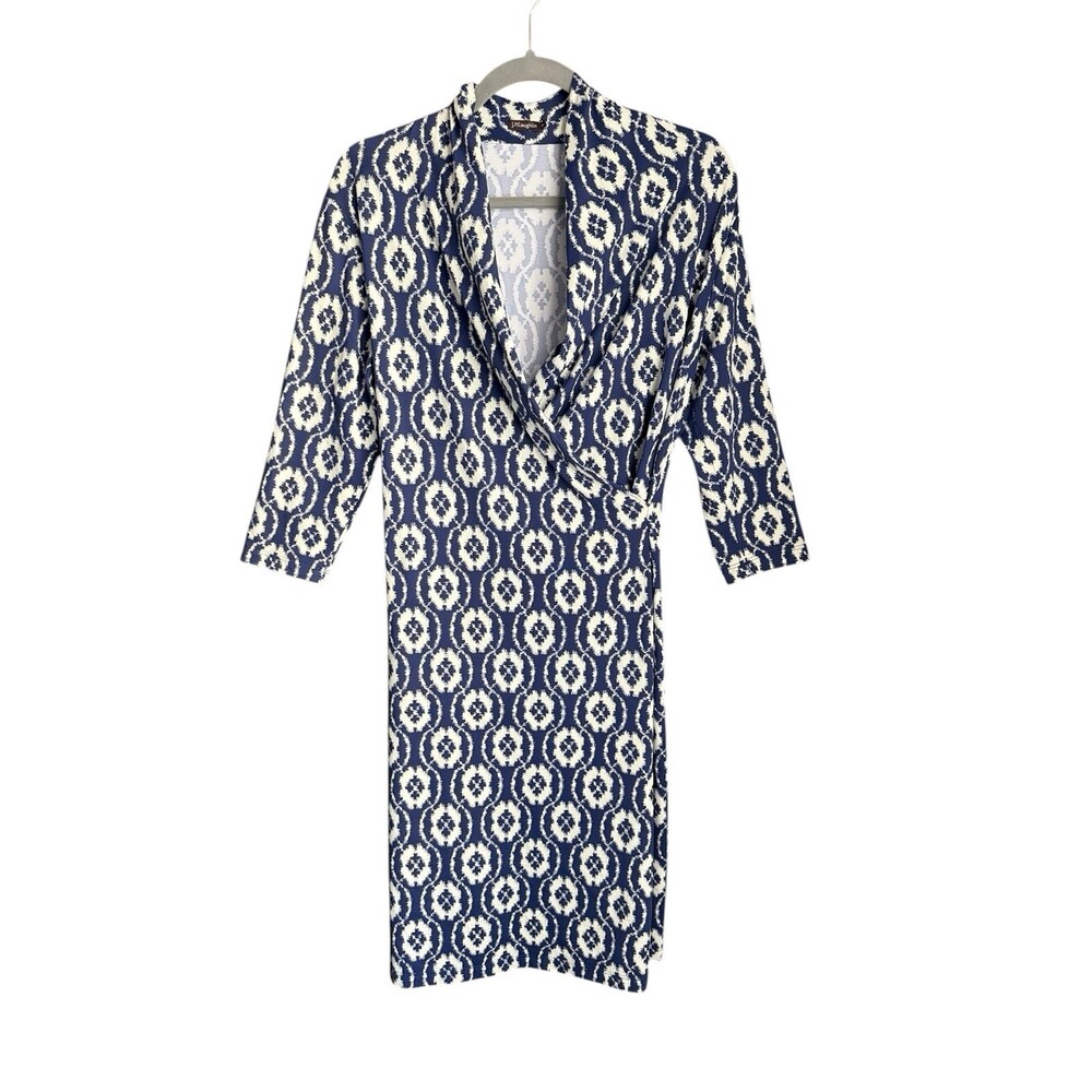 J McLaughlin Catalina Cloth Dress M Blue White Ikat Faux Wrap Preppy Career
